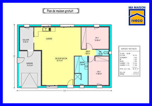 Plan Maison Plain Pied 2 chambres - MF-Construction